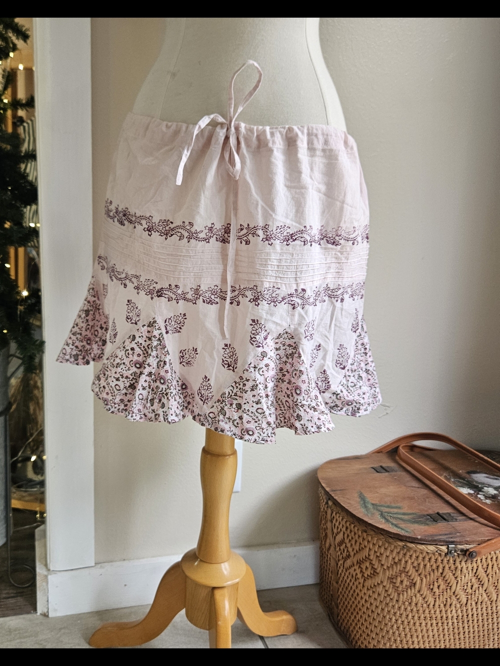 Pink Henna Floral Block Print Mini Skirt M
